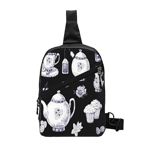 Sling Rucksack, Brusttasche, Herbst, Kürbis, Diebstahlschutz, Umhängetasche, Tagesrucksack, Outdoor, Sport, Reisen, Wandern, für Damen und Herren, Handgezeichnete Teekannen und Becher, Chest package Sling Rucksack, Brusttasche, Herbst, Kürbis, Diebstahlschutz, Umhängetasche, Tagesrucksack, Outdoor, Sport, Reisen, Wandern, für Damen und Herren, Handgezeichnete Teekannen und Becher, Chest package von ASEELO
