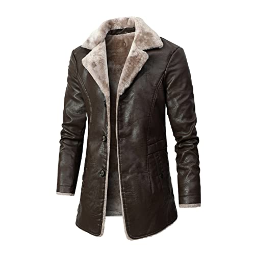 Lederjacke Herren Winter Parka mit Fell-Imitat Jacke Mantel Herren Mantel Retro Plus Samt Revers Anzug LederplüSchjacke Ledermantel Herren (Braun, S) von ASHUI