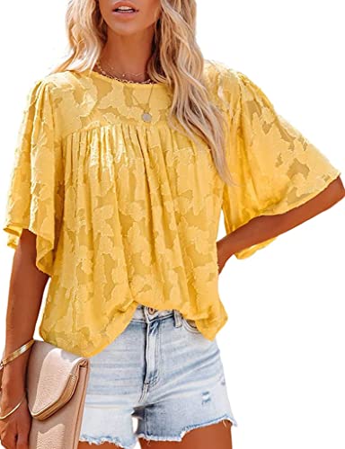 ASKSA Damen Chiffon Bluse 3/4 Glockenärmel Tunika Elegant Spitzenoberteile Lose Sommer Hemd Tops Rundhals Babydoll Shirts Oberteile(Gelb,M) von ASKSA