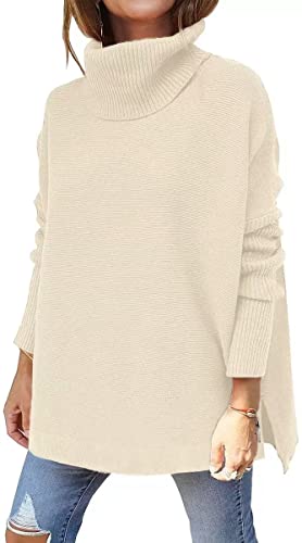 ASKSA Damen Rollkragenpullover Strickpullover Lange Fledermausärmel Pullover Oversize Strickpulli Langarm Einfarbig Casual Sweater Strickoberteile(Aprikose,XL) von ASKSA