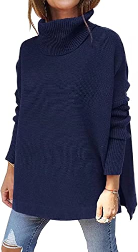 ASKSA Damen Rollkragenpullover Strickpullover Lange Fledermausärmel Pullover Oversize Strickpulli Langarm Einfarbig Casual Sweater Strickoberteile(Dunkelblau,XL) von ASKSA