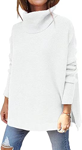 ASKSA Damen Rollkragenpullover Strickpullover Lange Fledermausärmel Pullover Oversize Strickpulli Langarm Einfarbig Casual Sweater Strickoberteile(Weiß,L) von ASKSA