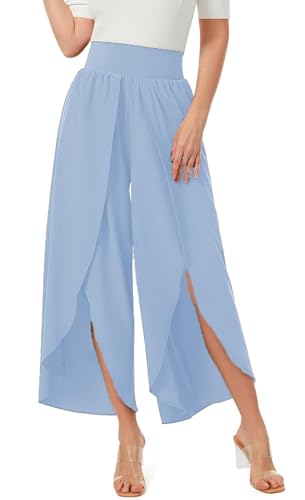 ASKSA Damen Weite Hosen Breite Bein Schlitz Rüschen Yogahose Lange Loose Sport Hosen Sommerhose (Hellblau,XS) von ASKSA