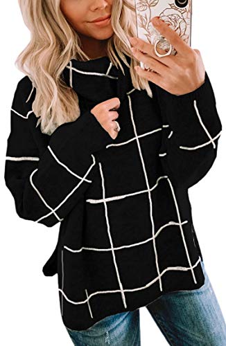 ASOMI Strickpullover Damen Gestreift Kariert: Elegant Rollkragen Pullover Winterpullover Warm Herbst Strickpulli Lässig Rundhals Farbblock Pulli Langarm Mode Übergangspullover 014Schwarz L von ASOMI