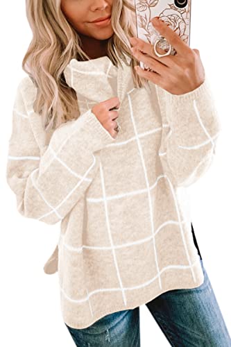 ASOMI Strickpullover Damen Gestreift Kariert: Elegant Rollkragen Pullover Winterpullover Warm Herbst Strickpulli Lässig Rundhals Farbblock Pulli Langarm Mode Übergangspullover 14Beige M von ASOMI