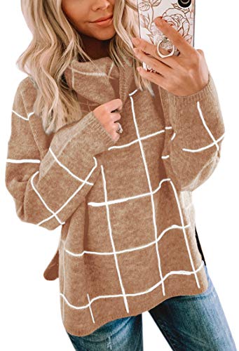 ASOMI Strickpullover Damen Gestreift Kariert: Elegant Rollkragen Pullover Winterpullover Warm Herbst Strickpulli Lässig Rundhals Farbblock Pulli Langarm Mode Übergangspullover 014Khaki M von ASOMI