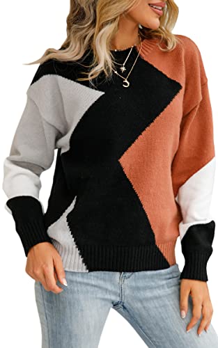 ASOMI Strickpullover Damen Gestreift Kariert: Elegant Rollkragen Pullover Winterpullover Warm Herbst Strickpulli Lässig Rundhals Farbblock Pulli Langarm Mode Übergangspullover 12Braun XL von ASOMI