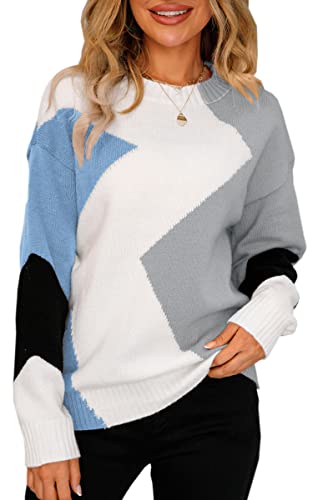 ASOMI Strickpullover Damen Gestreift Kariert: Elegant Rollkragen Pullover Winterpullover Warm Herbst Strickpulli Lässig Rundhals Farbblock Pulli Langarm Mode Übergangspullover 12Blau S von ASOMI