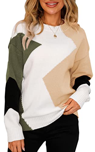 ASOMI Strickpullover Damen Gestreift Kariert: Elegant Rollkragen Pullover Winterpullover Warm Herbst Strickpulli Lässig Rundhals Farbblock Pulli Langarm Mode Übergangspullover 12Aprikose L von ASOMI