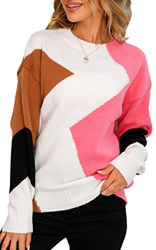 ASOMI Strickpullover Damen Gestreift Kariert: Elegant Rollkragen Pullover Winterpullover Warm Herbst Strickpulli Lässig Rundhals Farbblock Pulli Langarm Mode Übergangspullover 12Rosa M von ASOMI