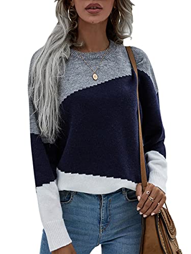 ASOMI Strickpullover Damen Gestreift Kariert: Elegant Rollkragen Pullover Winterpullover Warm Herbst Strickpulli Lässig Rundhals Farbblock Pulli Langarm Mode Übergangspullover 16Dunkelblau L von ASOMI