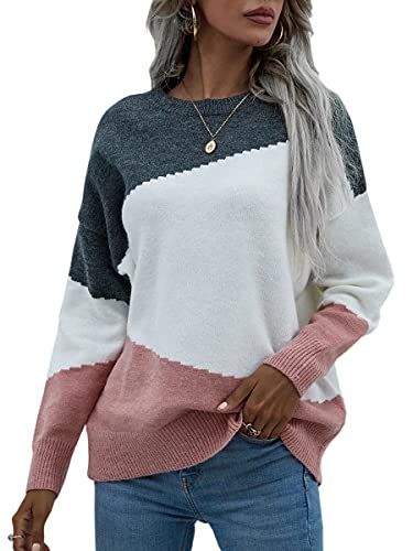 ASOMI Strickpullover Damen Gestreift Kariert: Elegant Rollkragen Pullover Winterpullover Warm Herbst Strickpulli Lässig Rundhals Farbblock Pulli Langarm Mode Übergangspullover 16Weiß M von ASOMI