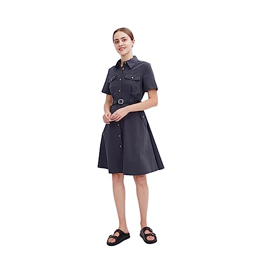 ASSUAL Damen Kurzarm Safari Kleid Casual Kragen Button Down Baumwolle Hemdkleid mit Gürtel, Marineblau, X-Groß von ASSUAL