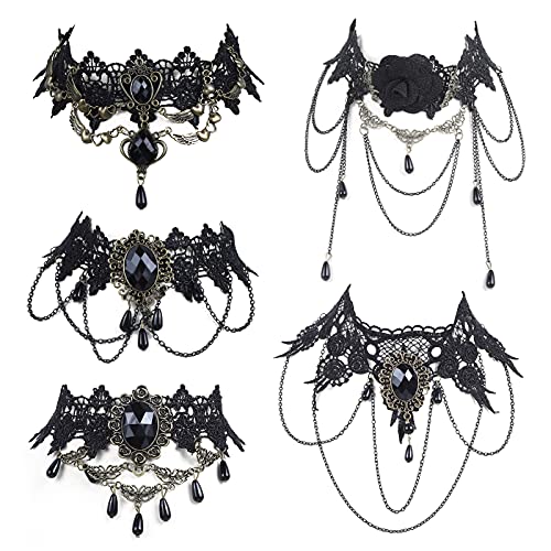 5 Stücke Choker Halsband Halloween Spitze Halskette Halskette Set Schwarz Vintage Gothic Spitze Krawatte Viktorianischen Steampunk Gothic Schmuck Party Hochzeit Prinzessin Choker Kette von ASTER