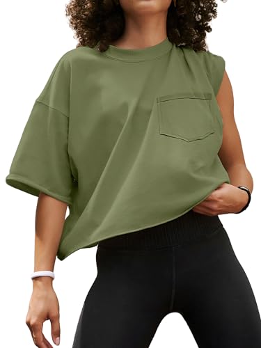 ATHMILE Damen Oversize T-Shirts Kurzarm Workout Crop Tops Casual Drop Shoulder Boxy Rollsaum Basic Loose Tees, Army Grün, Klein von ATHMILE