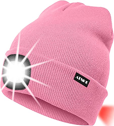 ATNKE 8LED beleuchtete Strickmütze, wiederaufladbare USB-Scheinwerferkappe mit extrem Heller, wasserdichter Lampe und Blinkender Alarm Rotes Rücklicht Multi-Color/Pink von ATNKE