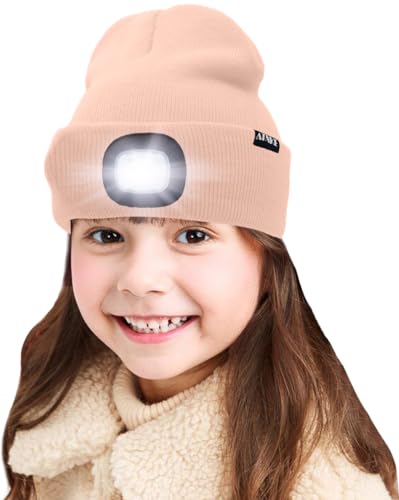 ATNKE Kids LED beleuchtete Mütze mit Licht, USB Wiederaufladbare 4 LED Scheinwerfer wasserdichte Winterwärmer Strick Nachthüte mit leichten Jungen Mädchen/Skin Pink von ATNKE