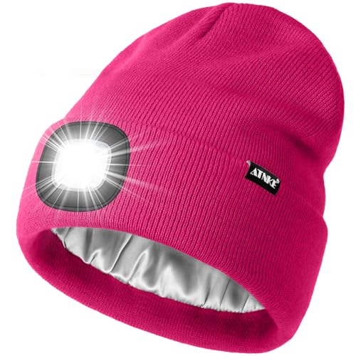 ATNKE LED Beleuchtete Mütze mit Licht,Wiederaufladbare USB 4 LED Beleuchtete Laufmütze Extrem Heller Lampe Winter Warme Satin Seide Gefüttertes Geschenke für Herren und Damen/Rose Red von ATNKE