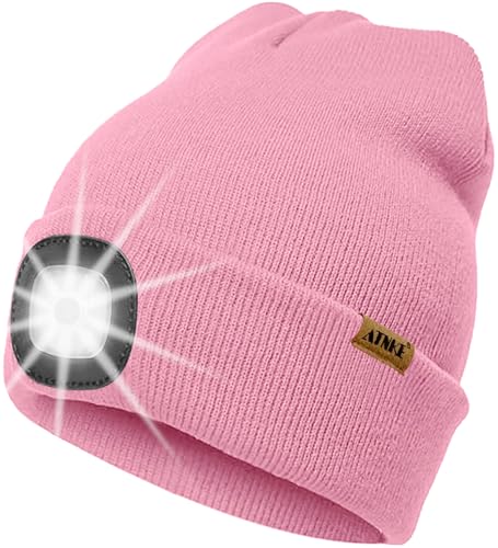 ATNKE LED Beleuchtete Mütze mit Licht,Wiederaufladbare USB 4 LED Beleuchtete Laufmütze Extrem Heller Lampe Winter Warme Stricken Mütze Technik Geschenke für Herren und Damen/Pink von ATNKE