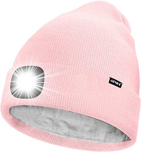 ATNKE LED Mütze mit Licht,Wiederaufladbare USB 4 LED Beleuchtete Laufmütze Extrem Heller Lampe Winter Warme Gefüttertes Fleece Stricken Mütze für Herren und Damen Geschenke/Light Pink von ATNKE