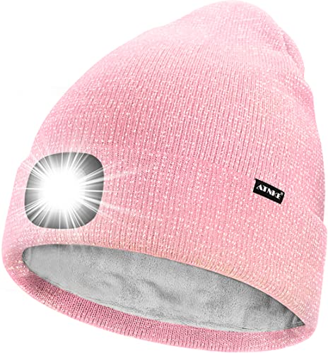 ATNKE LED Mütze mit Licht,Wiederaufladbare USB 4 LED Beleuchtete Laufmütze Extrem Heller Lampe Winter Warme Gefüttertes Fleece Stricken Mütze für Herren und Damen Geschenke/Pink Goldwire von ATNKE