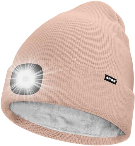 ATNKE LED Mütze mit Licht,Wiederaufladbare USB 4 LED Beleuchtete Laufmütze Extrem Heller Lampe Winter Warme Gefüttertes Fleece Stricken Mütze für Herren und Damen Geschenke/Skin Pink von ATNKE