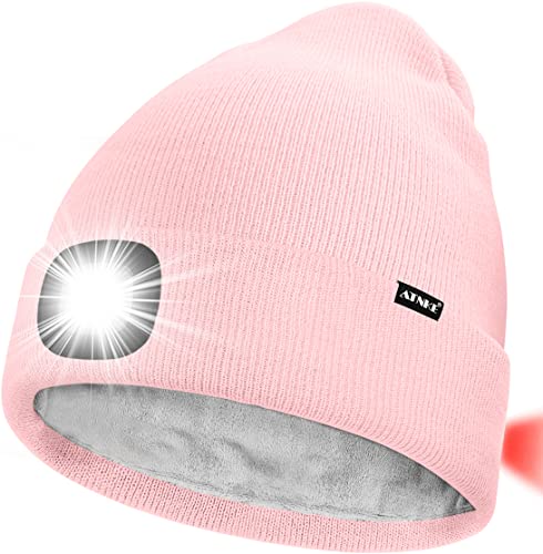 ATNKE Unisex 8 LED Mütze mit Licht,Wiederaufladbare USB Rot Blinkendes Alarm Rücklicht Laufmütze Lampe Winter Warme Gefüttertes Fleece Stricken Mütze für Herren und Damen Geschenke/Light Pink von ATNKE