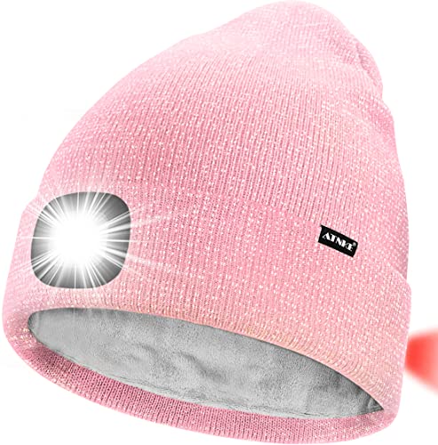 ATNKE Unisex 8 LED Mütze mit Licht,Wiederaufladbare USB Rot Blinkendes Alarm Rücklicht Laufmütze Lampe Winter Warme Gefüttertes Fleece Stricken Mütze für Herren und Damen Geschenke/Pink Goldwire von ATNKE