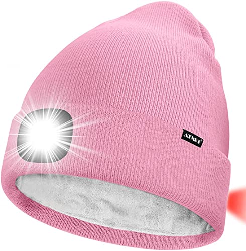 ATNKE Unisex 8 LED Mütze mit Licht,Wiederaufladbare USB Rot Blinkendes Alarm Rücklicht Laufmütze Lampe Winter Warme Gefüttertes Fleece Stricken Mütze für Herren und Damen Geschenke/Pink von ATNKE