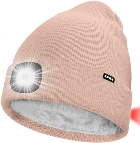 ATNKE Unisex 8 LED Mütze mit Licht,Wiederaufladbare USB Rot Blinkendes Alarm Rücklicht Laufmütze Lampe Winter Warme Gefüttertes Fleece Stricken Mütze für Herren und Damen Geschenke/Skin Pink von ATNKE