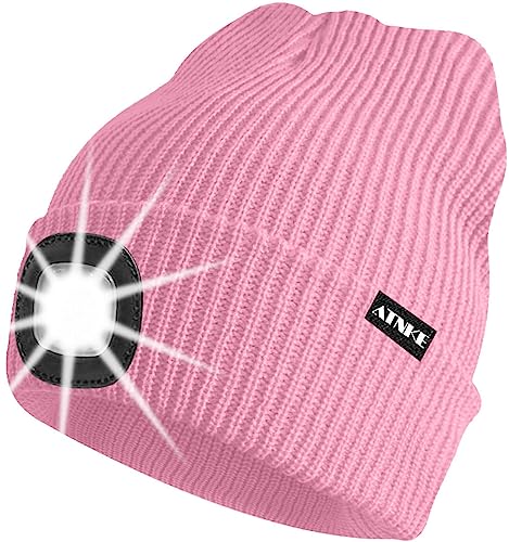 ATNKE Unisex LED Mütze mit Licht,Wiederaufladbare USB 4 LED Beleuchtete Laufmütze Extrem Heller Lampe Winter Warme Stricken Mütze für Herren und Damen Geschenke/Pink von ATNKE