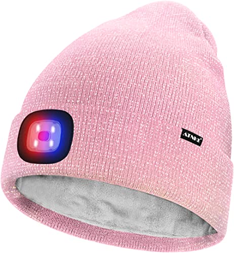 ATNKE Unisex LED Mütze mit Licht,Wiederaufladbare USB 4 LED Rot und Blau Leuchten Blinkender Laufmütze Lampe Warme Gefüttertes Fleece Stricken Mütze für Herren und Damen Geschenke/Pink Goldwire von ATNKE