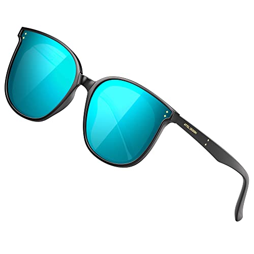 ATTCL Damen Sonnenbrille rund verspiegelt TR90 Rahme HD Nylonlinse Ultra Leicht JD222 Black+blue von ATTCL