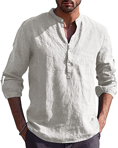 AUDATE Herren Freizeithemd Baumwoll Leinen Henley Hemd Langarm Lässige Strand Hemd T-Shirts Tops Weiß L von AUDATE
