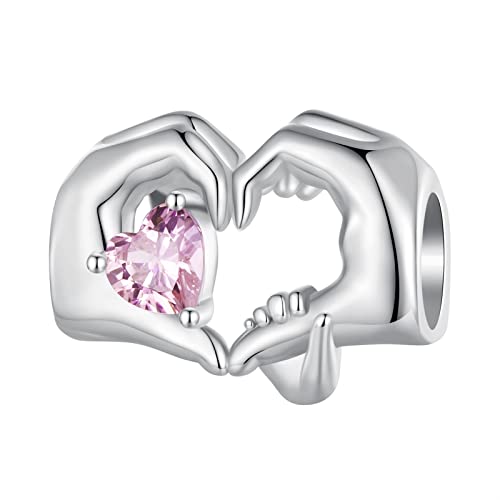 AUHOAZ 925 Sterling Silber Muttertag Hand in Hand Charms Baumelnde Perlen, Diy Rosa Herz Zirkon Anhänger Geschenk For Frauen Mädchen Kompatibel mit Pandora Charm Armband und Halsketten Bsc829 von AUHOAZ