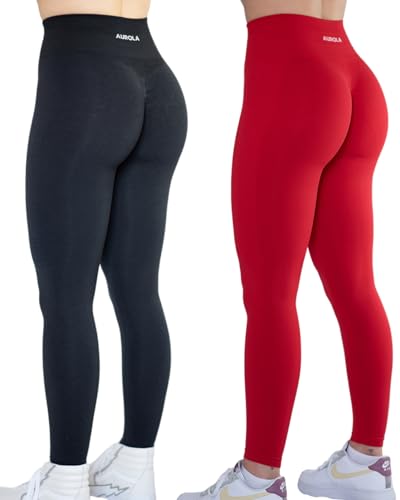 AUROLA Workout-Leggings für Damen, nahtlos, Scrunch-Strumpfhose, Bauchkontrolle, Fitnessstudio, Fitness, Mädchen, Sport, aktive Yogahose, Set (Schwarz + Feuerrot), S von AUROLA