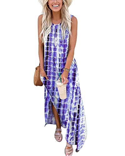 AUSELILY Damen Ärmelloses Maxikleider Sommer Lässige Kleider Strandkleid Damen Lange mit Taschen Dye Plaid Blau Lila L von AUSELILY