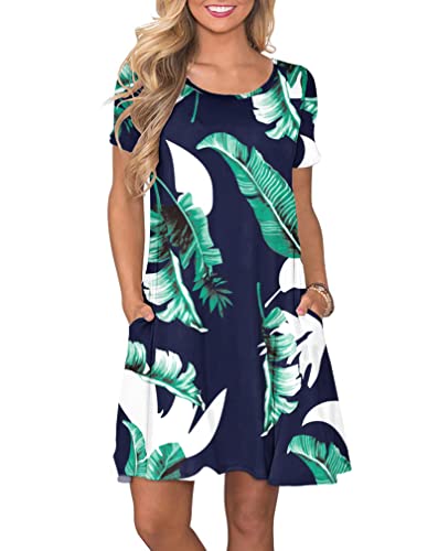 AUSELILY Damen Kleider Sommer Kurzarm Shirtkleider Kurz Sommerkleider Leicht Freizeitkleid mit Taschen Blau Drucken M von AUSELILY