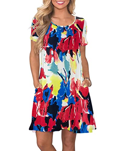 AUSELILY Damen Kleider Sommer Kurzarm Shirtkleider Kurz Sommerkleider Leicht Freizeitkleid mit Taschen GefäRbt Blau Grün Weiß XL von AUSELILY