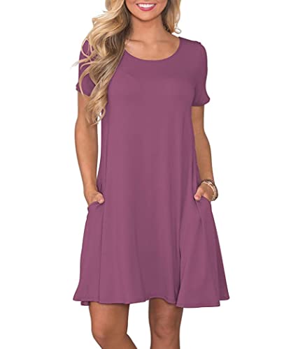 AUSELILY Damen Kleider Sommer Kurzarm Shirtkleider Kurz Sommerkleider Leicht Freizeitkleid mit Taschen Mauve S von AUSELILY