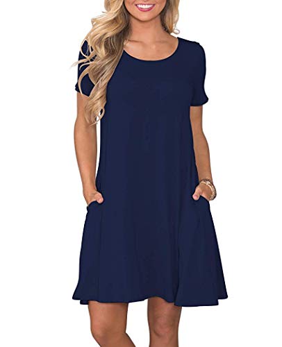 AUSELILY Damen Kleider Sommer Kurzarm Shirtkleider Kurz Sommerkleider Leicht Freizeitkleid mit Taschen Navy Blau S von AUSELILY