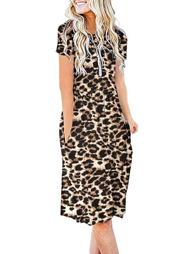 AUSELILY Damen Kleider Sommer Sommerkleider Knielang Kurzarm Freizeitkleid Schicke Shirtkleider mit Taschen (Spotted Leopard, L) von AUSELILY