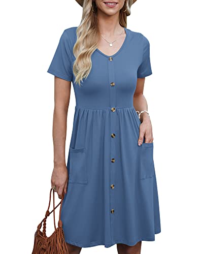 AUSELILY Damen Sommerkleider Kurzarm Knielanges Kleid Lässig Rundhalsausschnitt A Linie Kleider mit Taschen Baja Blau M von AUSELILY