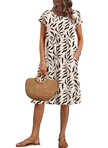 AUSELILY Damen Kurzarm Knielange Sommerkleider Sommer Lockeres Freizeitkleider Empire Kleider mit Taschen Aprikosens-chwarzes Blatt S AUSELILY Damen Kurzarm Knielange Sommerkleider Sommer Lockeres Freizeitkleider Empire Kleider mit Taschen Aprikosens-chwarzes Blatt S von AUSELILY