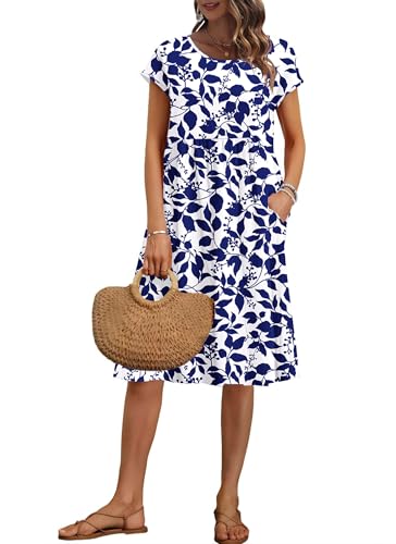 AUSELILY Damen Kurzarm Knielange Sommerkleider Sommer Lockeres Freizeitkleider Empire Kleider mit Taschen Marineblaue Blätter XXL AUSELILY Damen Kurzarm Knielange Sommerkleider Sommer Lockeres Freizeitkleider Empire Kleider mit Taschen Marineblaue Blätter XXL von AUSELILY