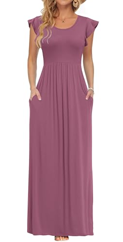 AUSELILY Damen Kurzarm Plissee Lässige Maxikleider mit Taschen Rundhalsausschnitt Sommer Freizeit Strandkleid Mauve Large von AUSELILY