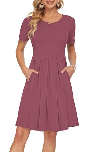 AUSELILY Damen Kurzarm Plissee Loose Swing Freizeitkleid mit Taschen Knielang(Mauve,2XL) von AUSELILY