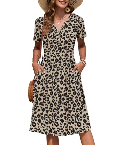 AUSELILY Damen Kurzarm Sommerkeider Knielange Sommer Kleider V-Ausschnitt mit Knöpfen Empire Midikleid mit Taschen Leopard M AUSELILY Damen Kurzarm Sommerkeider Knielange Sommer Kleider V-Ausschnitt mit Knöpfen Empire Midikleid mit Taschen Leopard M von AUSELILY