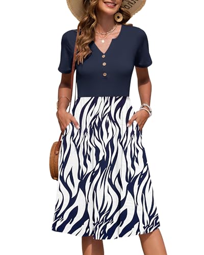 AUSELILY Damen Kurzarm Sommerkeider Knielange Sommer Kleider V-Ausschnitt mit Knöpfen Empire Midikleid mit Taschen Weiß Marineblau Blatt XXL AUSELILY Damen Kurzarm Sommerkeider Knielange Sommer Kleider V-Ausschnitt mit Knöpfen Empire Midikleid mit Taschen Weiß Marineblau Blatt XXL von AUSELILY
