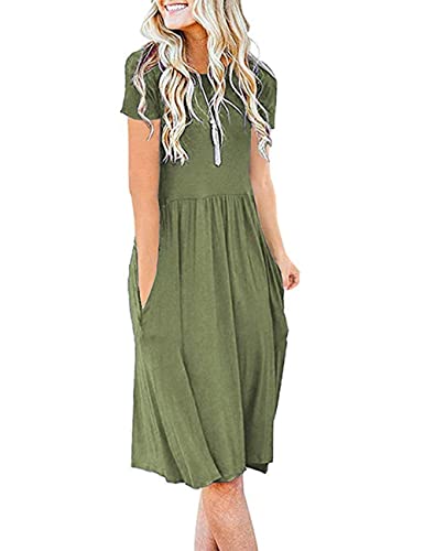 AUSELILY Damen Kleider Sommer Sommerkleider Knielang Kurzarm Freizeitkleid Schicke Shirtkleider mit Taschen (Armeegrün, S) von AUSELILY